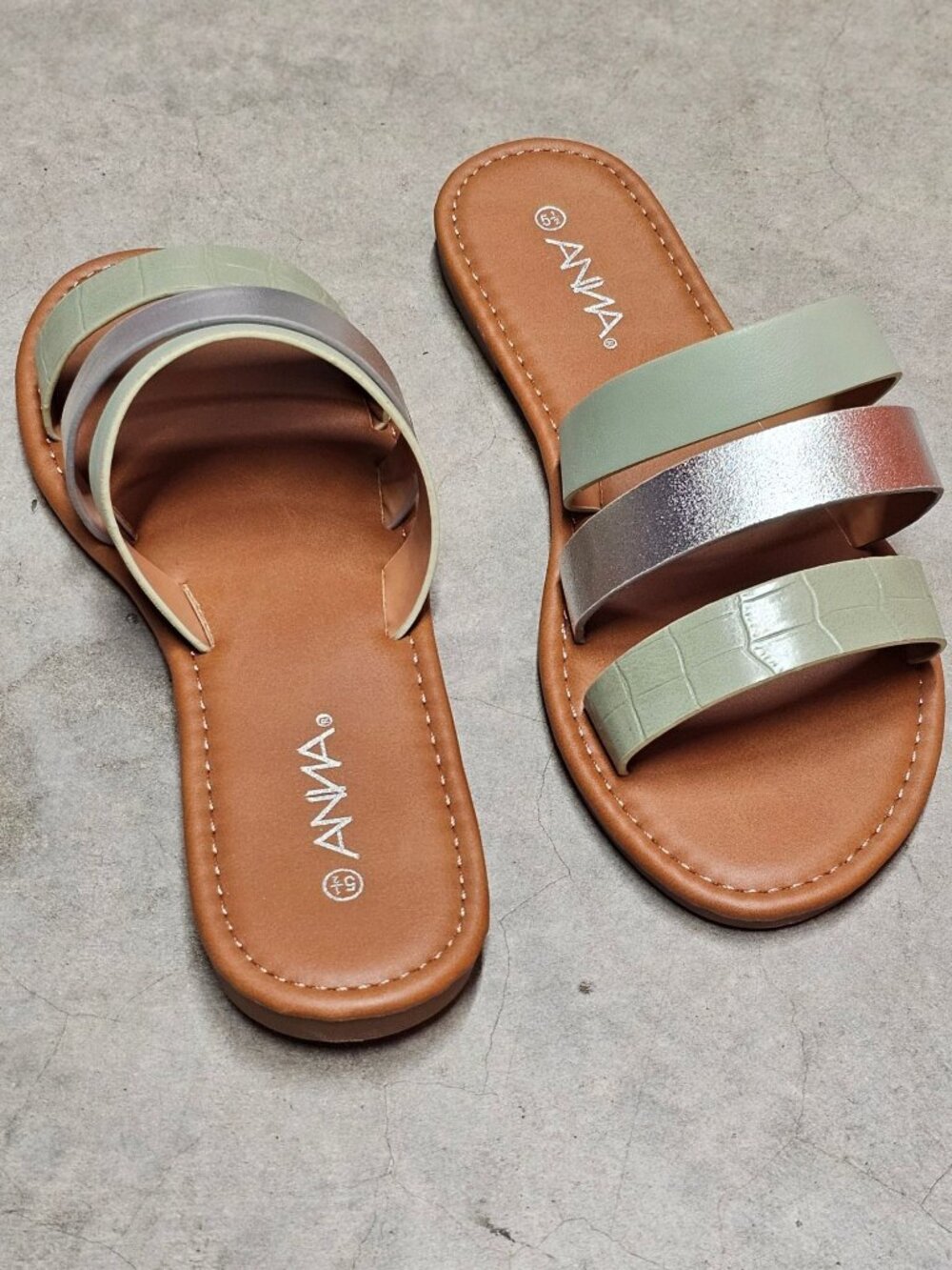 Womens Triple Strap Slide Sandals With Metallic & Green Color